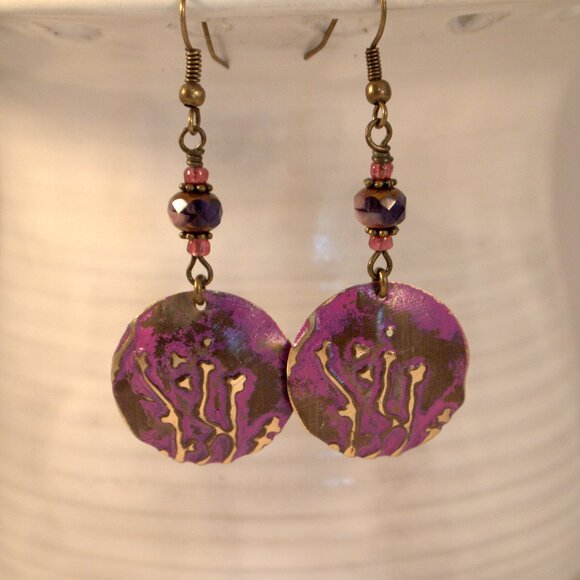 Brass Hand Embossed Earrings Purple Czech Glass Earrings Patina Brass Earrings - Picture 5 of 7